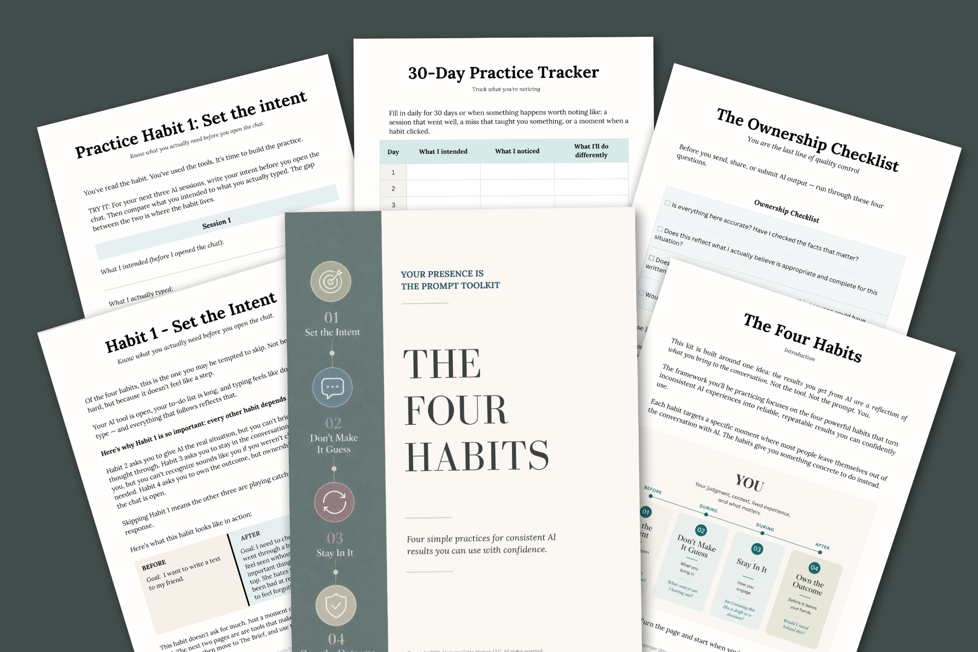 Preview of toolkit pages — a practice tracker and ownership checklist