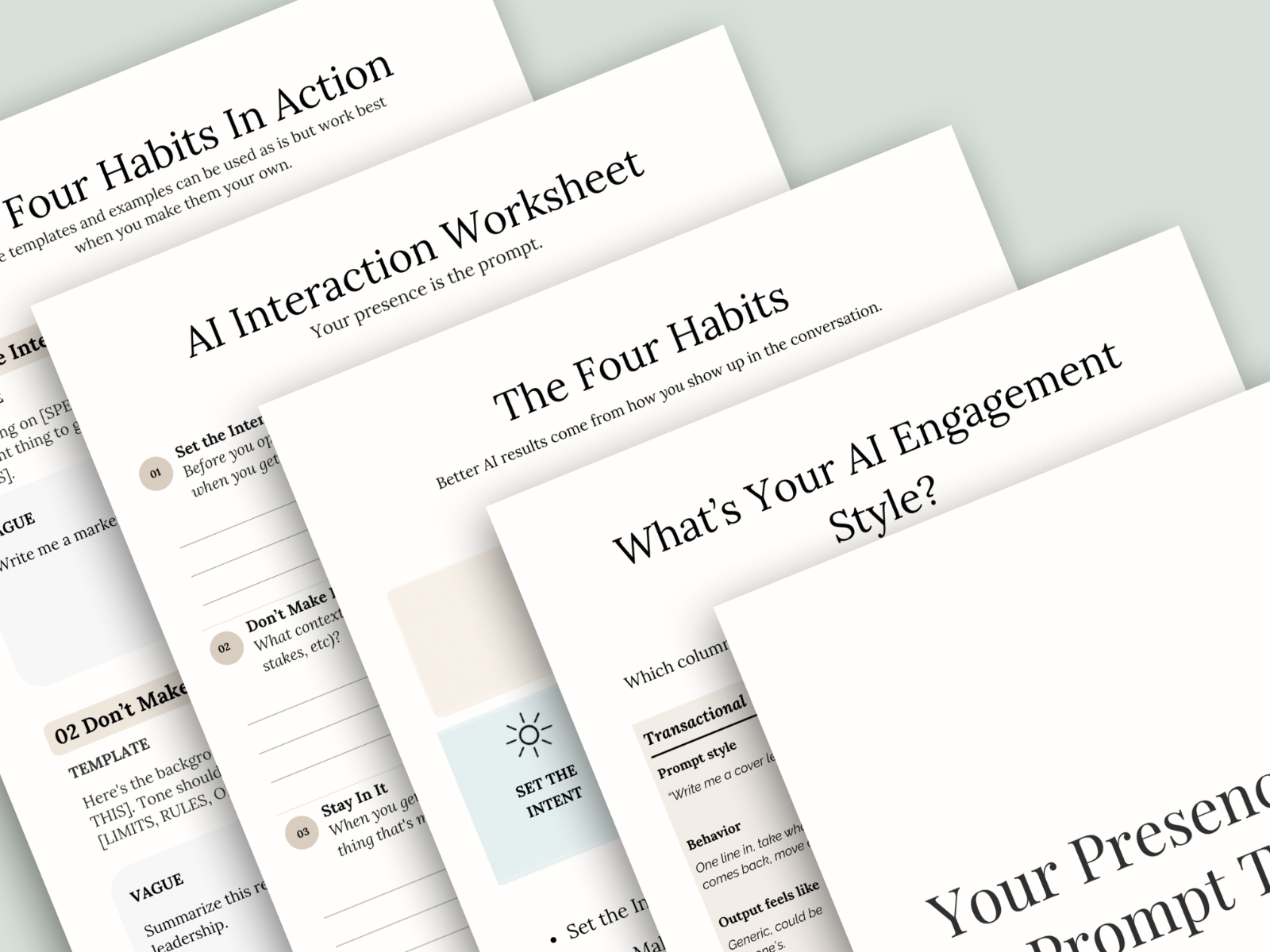 Pages from the Your Presence Is the Prompt toolkit fanned out